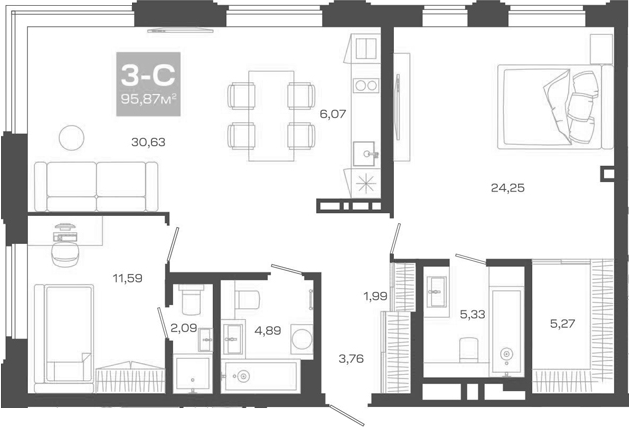 Планировка 3е-к.кв 95.87 м² в ЖК «Пульсар»