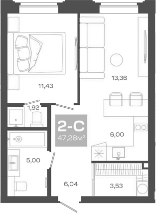 Планировка 2е-к.кв 47.28 м² в ЖК «Пульсар»