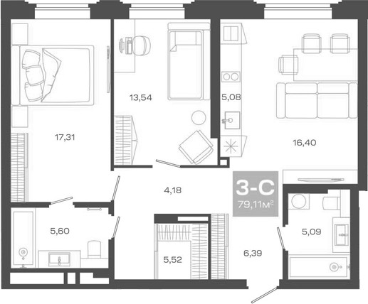 Планировка 3е-к.кв 79.11 м² в ЖК «Пульсар»