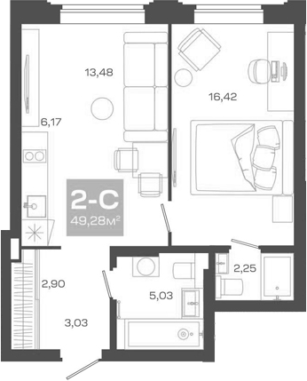 Планировка 2е-к.кв 49.28 м² в ЖК «Пульсар»