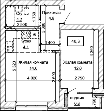 Планировка 2е-к.кв 39.50 м² в ЖК «Карамель. Барнаул»
