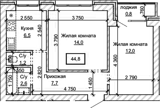 Планировка 2-к.кв 44.00 м² в ЖК «Карамель. Барнаул»