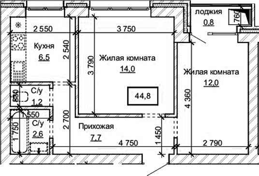 Планировка 2-к.кв 44.00 м² в ЖК «Карамель. Барнаул»