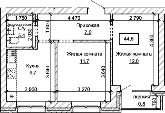Планировка 2-к.кв 43.80 м² в ЖК «Карамель. Барнаул»