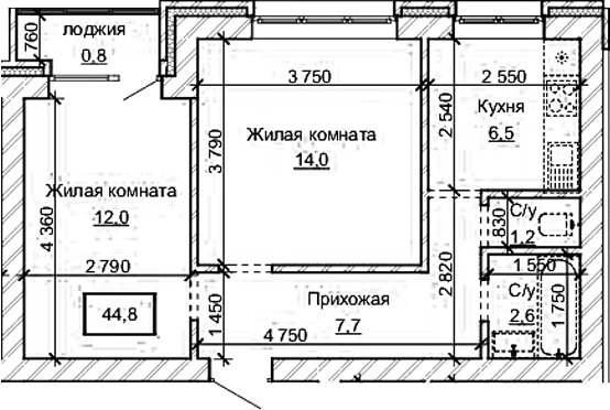 Планировка 2-к.кв 44.00 м² в ЖК «Карамель. Барнаул»