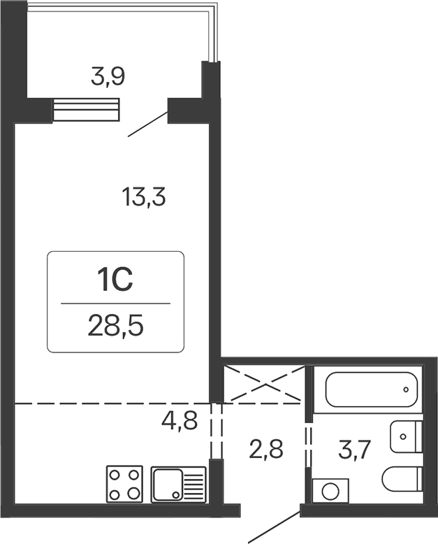 Планировка студии 24.60 м² в ЖК «Квартал Сосновый Бор»