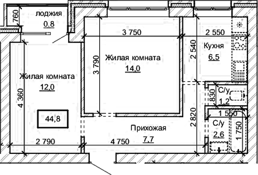 Планировка 2-к.кв 44.00 м² в ЖК «Карамель. Барнаул»