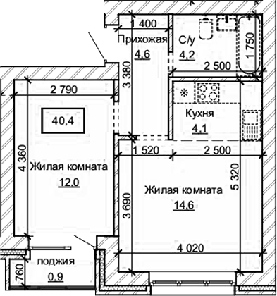Планировка 2е-к.кв 39.50 м² в ЖК «Карамель. Барнаул»