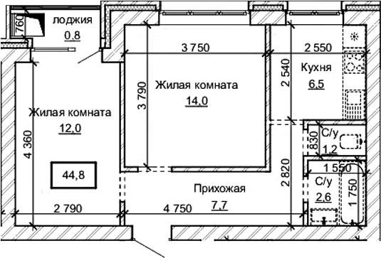 Планировка 2-к.кв 44.00 м² в ЖК «Карамель. Барнаул»