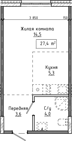 Планировка студии 27.40 м² в ЖК «Крем. Белокуриха»