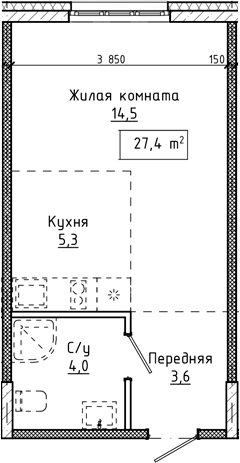 Планировка студии 27.40 м² в ЖК «Крем. Белокуриха»