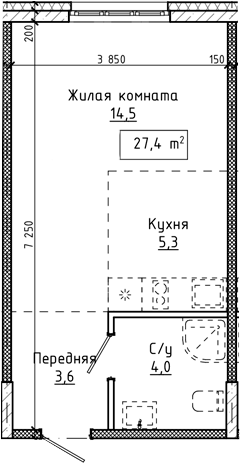 Планировка студии 27.40 м² в ЖК «Крем. Белокуриха»