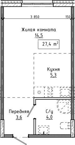 Планировка студии 27.40 м² в ЖК «Крем. Белокуриха»
