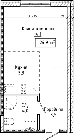 Планировка студии 26.90 м² в ЖК «Крем. Белокуриха»
