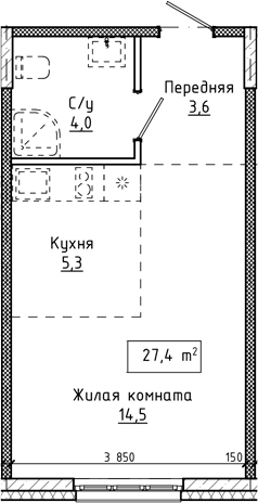 Планировка студии 27.40 м² в ЖК «Крем. Белокуриха»