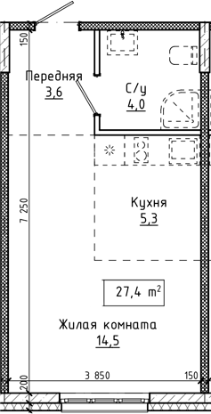 Планировка студии 27.40 м² в ЖК «Крем. Белокуриха»