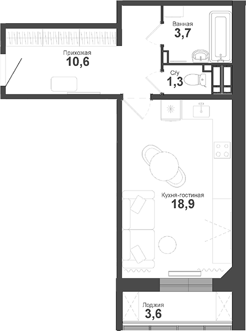 Планировка студии 34.50 м² в ЖК «Чистая Слобода»