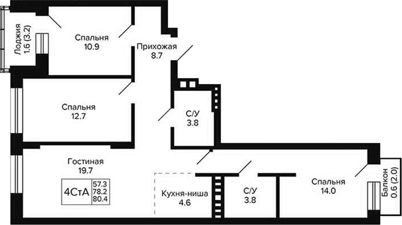 Планировка 4е-к.кв 78.20 м² в ЖК «Сподвижники»