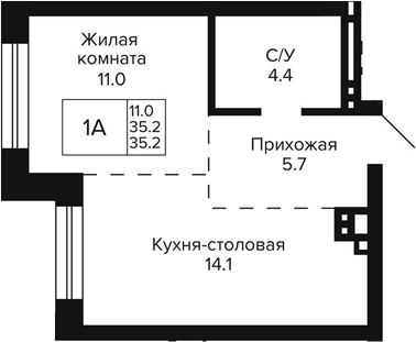 Планировка 1-к.кв 35.20 м² в ЖК «Сподвижники»