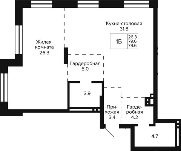 Планировка 1-к.кв 79.60 м² в ЖК «Сподвижники»