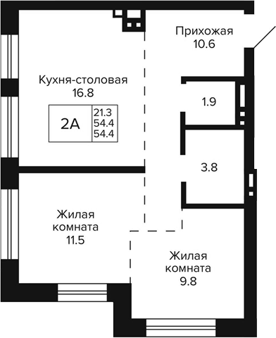 Планировка 2-к.кв 54.40 м² в ЖК «Сподвижники»