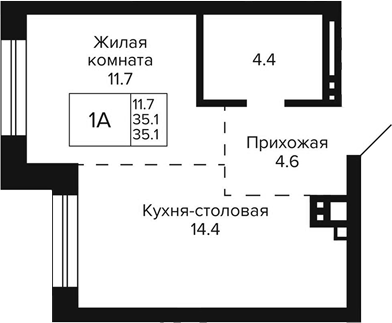 Планировка 1-к.кв 35.10 м² в ЖК «Сподвижники»
