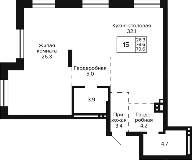 Планировка 1-к.кв 79.60 м² в ЖК «Сподвижники»
