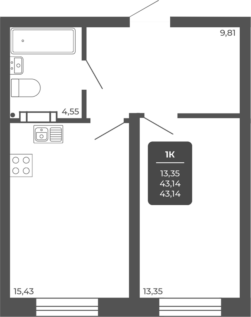 Планировка 1-к.кв 43.14 м² в ЖК «НОВА АПАРТ»