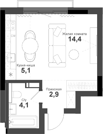 Планировка студии 26.50 м² в ЖК «Тайгинский парк»