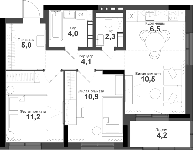 Планировка 3е-к.кв 54.50 м² в ЖК «Тайгинский парк»