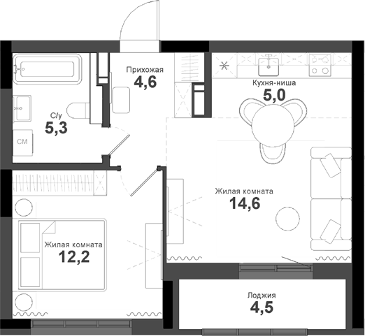 Планировка 2е-к.кв 41.70 м² в ЖК «Тайгинский парк»