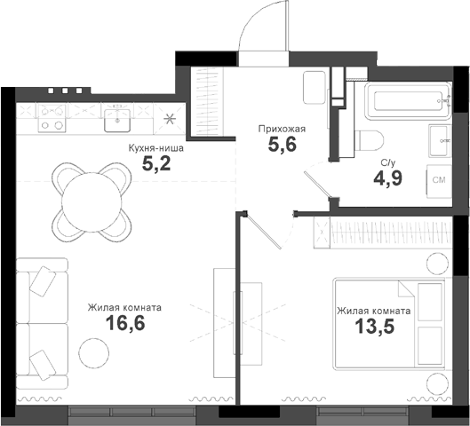 Планировка 2е-к.кв 45.80 м² в ЖК «Тайгинский парк»