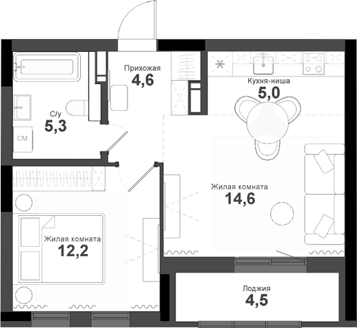 Планировка 2е-к.кв 41.70 м² в ЖК «Тайгинский парк»