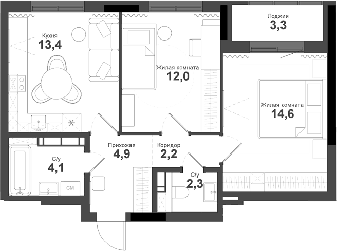 Планировка 2-к.кв 53.50 м² в ЖК «Тайгинский парк»