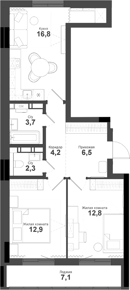 Планировка 2-к.кв 59.20 м² в ЖК «Тайгинский парк»