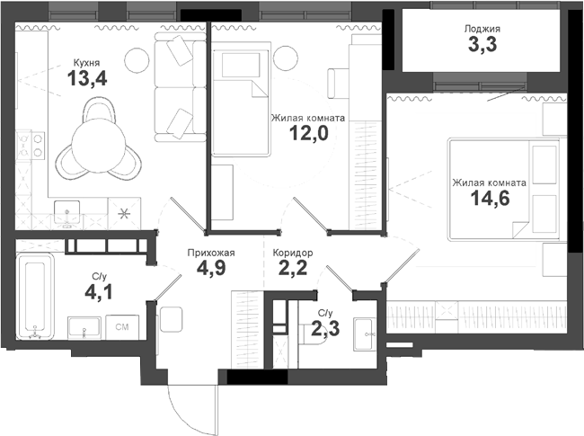 Планировка 2-к.кв 53.50 м² в ЖК «Тайгинский парк»