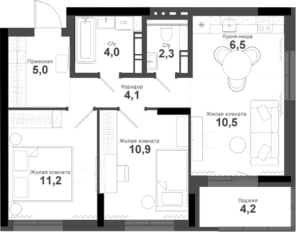 Планировка 3е-к.кв 54.50 м² в ЖК «Тайгинский парк»