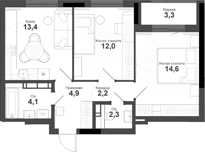 Планировка 2-к.кв 53.50 м² в ЖК «Тайгинский парк»
