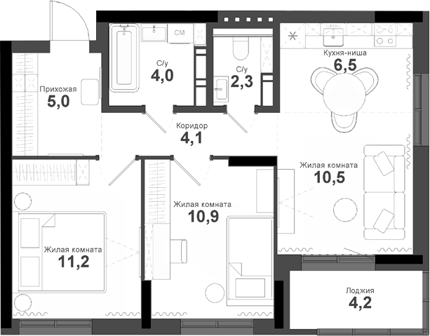 Планировка 3е-к.кв 54.50 м² в ЖК «Тайгинский парк»