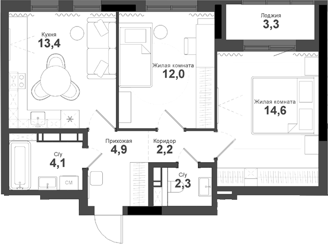 Планировка 2-к.кв 53.50 м² в ЖК «Тайгинский парк»