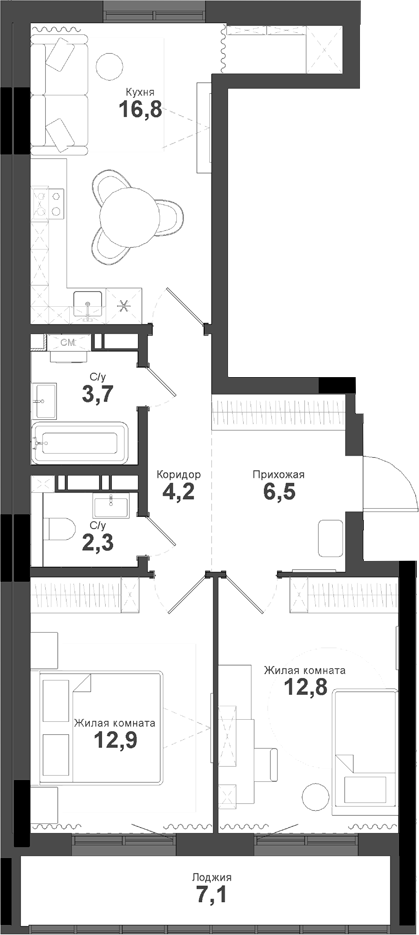 Планировка 2-к.кв 59.20 м² в ЖК «Тайгинский парк»