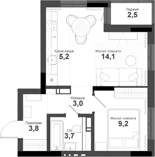 Планировка 2е-к.кв 39.00 м² в ЖК «Тайгинский парк»