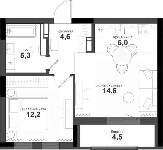 Планировка 2е-к.кв 41.70 м² в ЖК «Тайгинский парк»