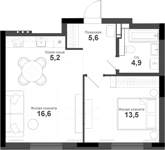 Планировка 2е-к.кв 45.80 м² в ЖК «Тайгинский парк»