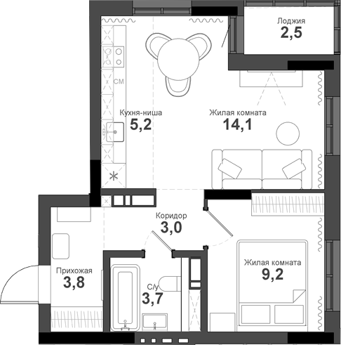 Планировка 2е-к.кв 39.00 м² в ЖК «Тайгинский парк»