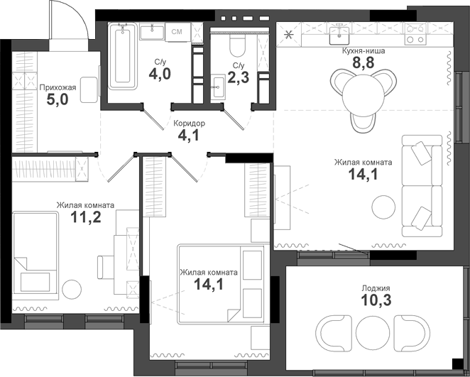 Планировка 3е-к.кв 63.60 м² в ЖК «Тайгинский парк»
