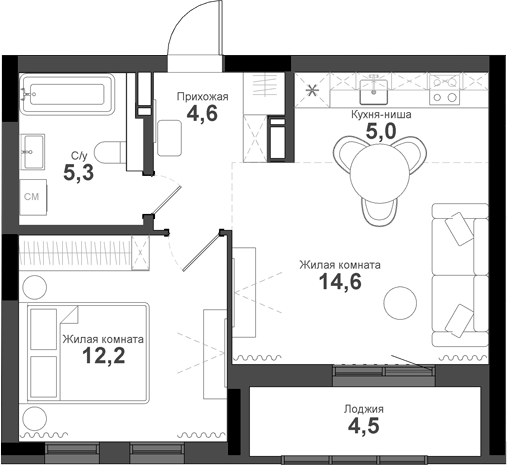 Планировка 2е-к.кв 41.70 м² в ЖК «Тайгинский парк»