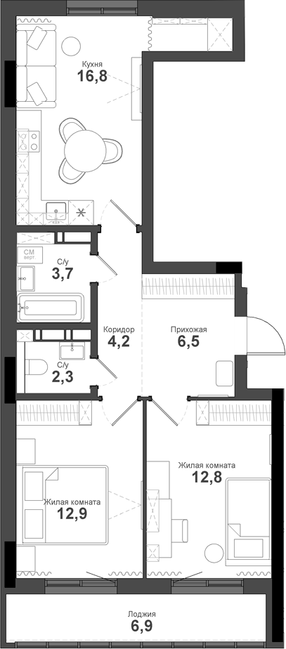 Планировка 2-к.кв 59.20 м² в ЖК «Тайгинский парк»