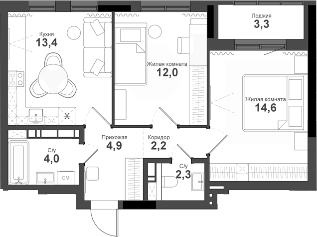 Планировка 2-к.кв 53.50 м² в ЖК «Тайгинский парк»