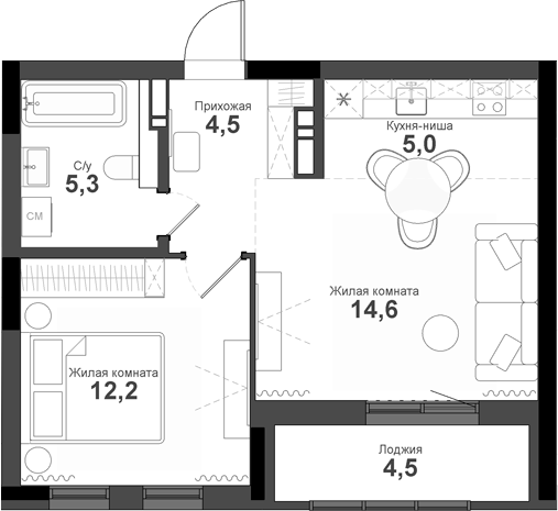 Планировка 2е-к.кв 41.60 м² в ЖК «Тайгинский парк»